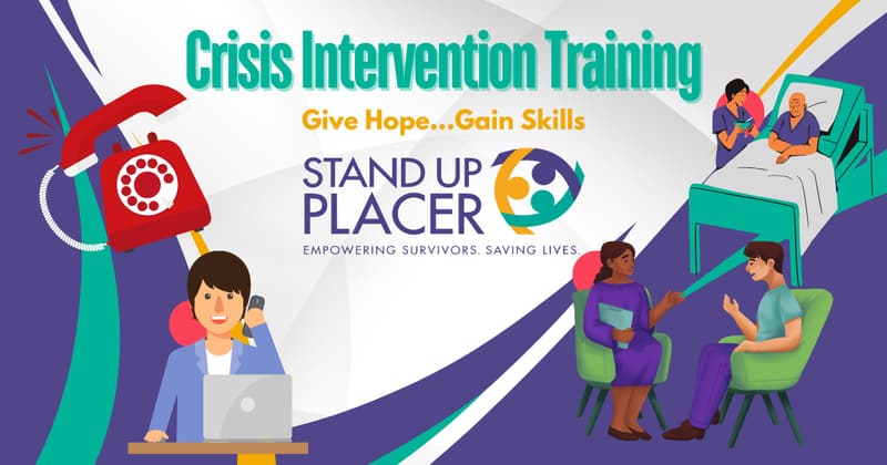 Crisis Intervention Training illustration: an advocate on a phone call and people meeting in a group.