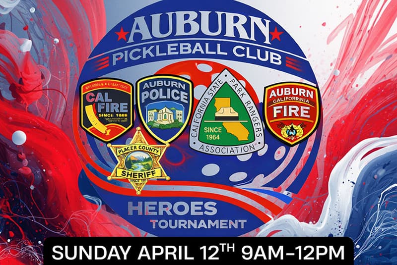 Auburn Pickleball Club “Heroes Tournament” poster with police, fire and sheriff badges.
